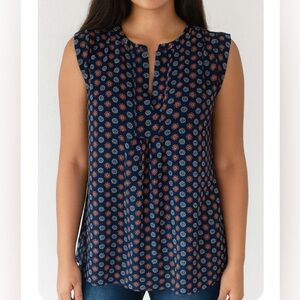 LOFT women's Navy blue geometrical pattern sleeveless lightweight blouse SZ M